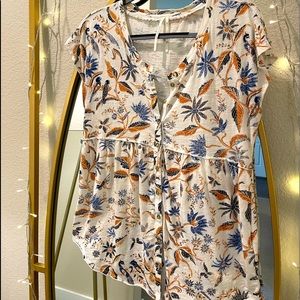 Anthropologie Floral/bird Print Botton Down Cotton Top